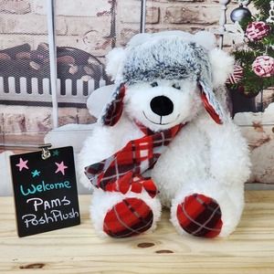 Gentle Treasures Winter Christmas Polar Bear White Plush Plaid Scarf Hat St Jude
